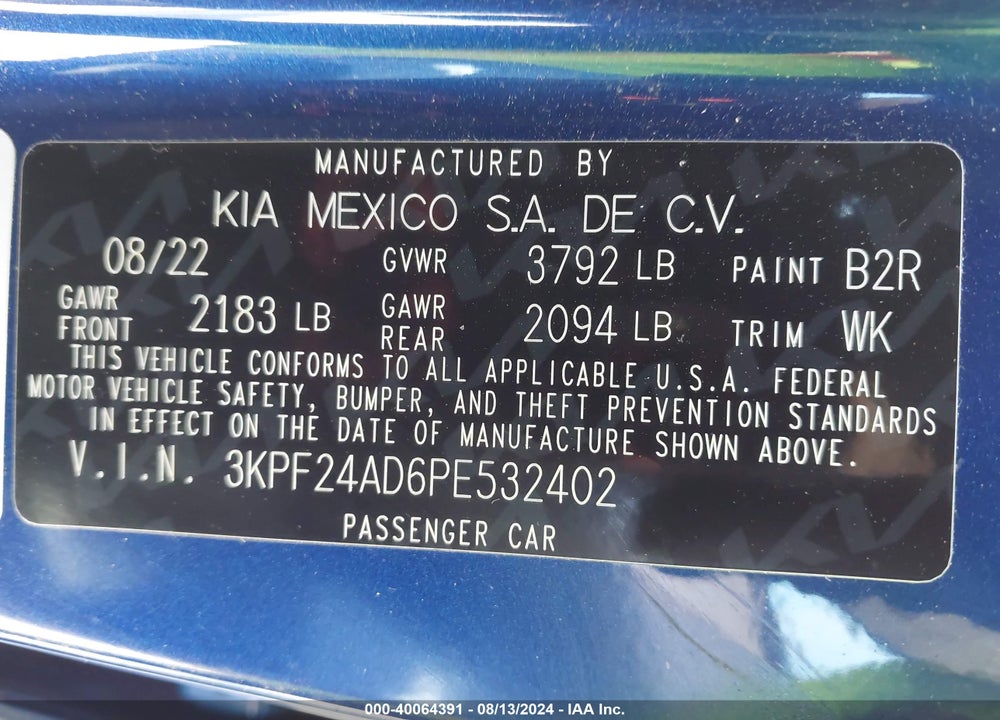 2023 KIA FORTE LXS VIN: 3KPF24AD6PE532402
