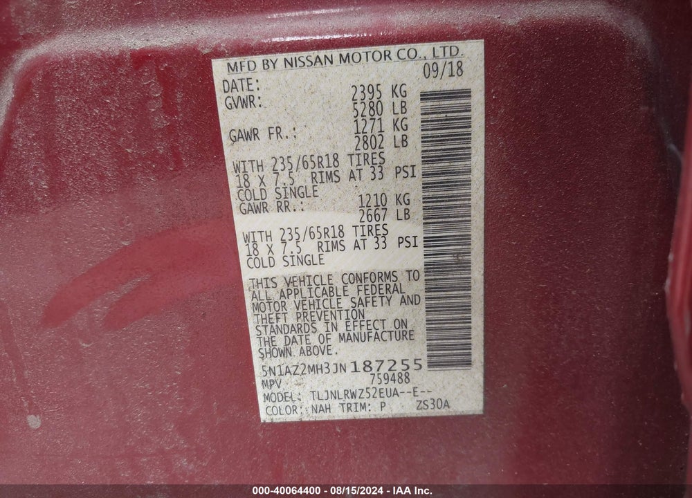 2018 NISSAN MURANO SL VIN: 5N1AZ2MH3JN187255