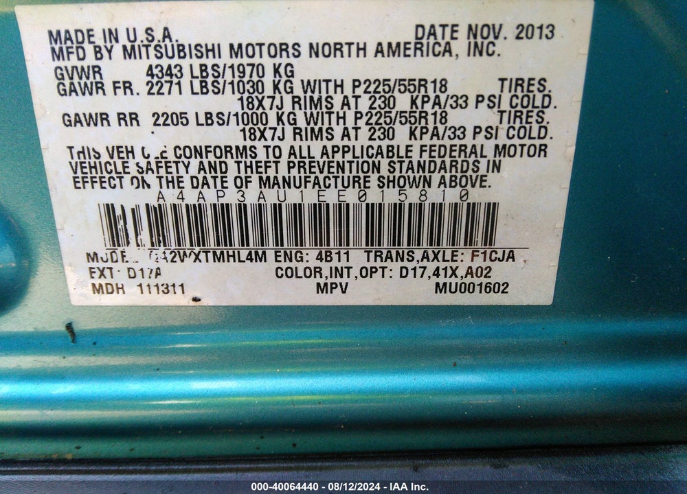 2014 MITSUBISHI OUTLANDER SPORT ES VIN: 4A4AP3AU1EE015810