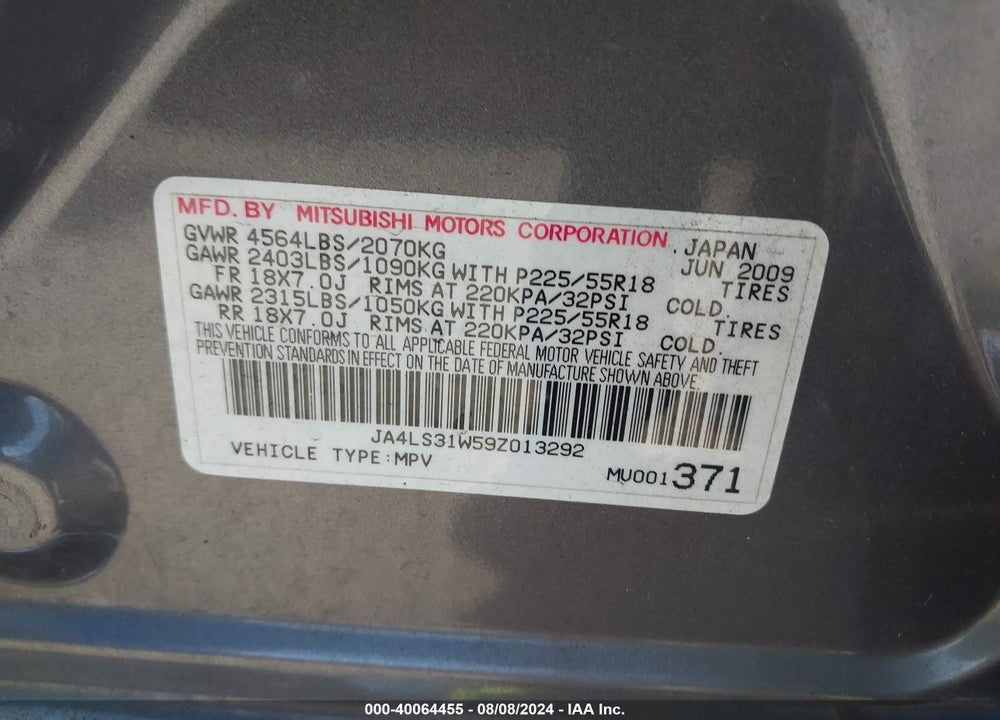 2009 MITSUBISHI OUTLANDER SE VIN: JA4LS31W59Z013292