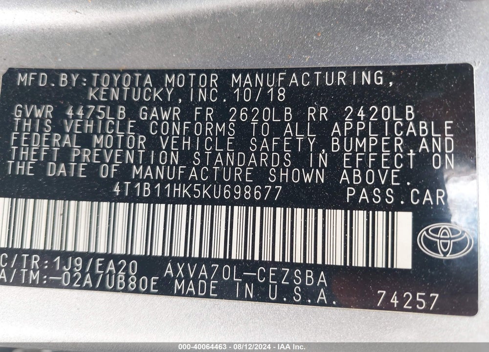 2019 TOYOTA CAMRY SE VIN: 4T1B11HK5KU698677