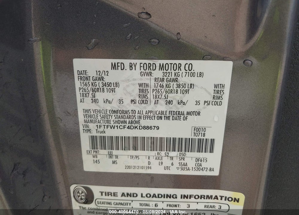 2013 FORD F-150 XLT VIN: 1FTFW1CF4DKD88679