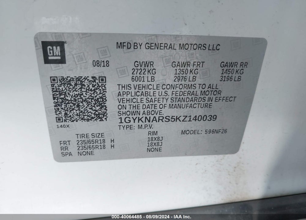 2019 CADILLAC XT5 STANDARD VIN: 1GYKNARS5KZ140039