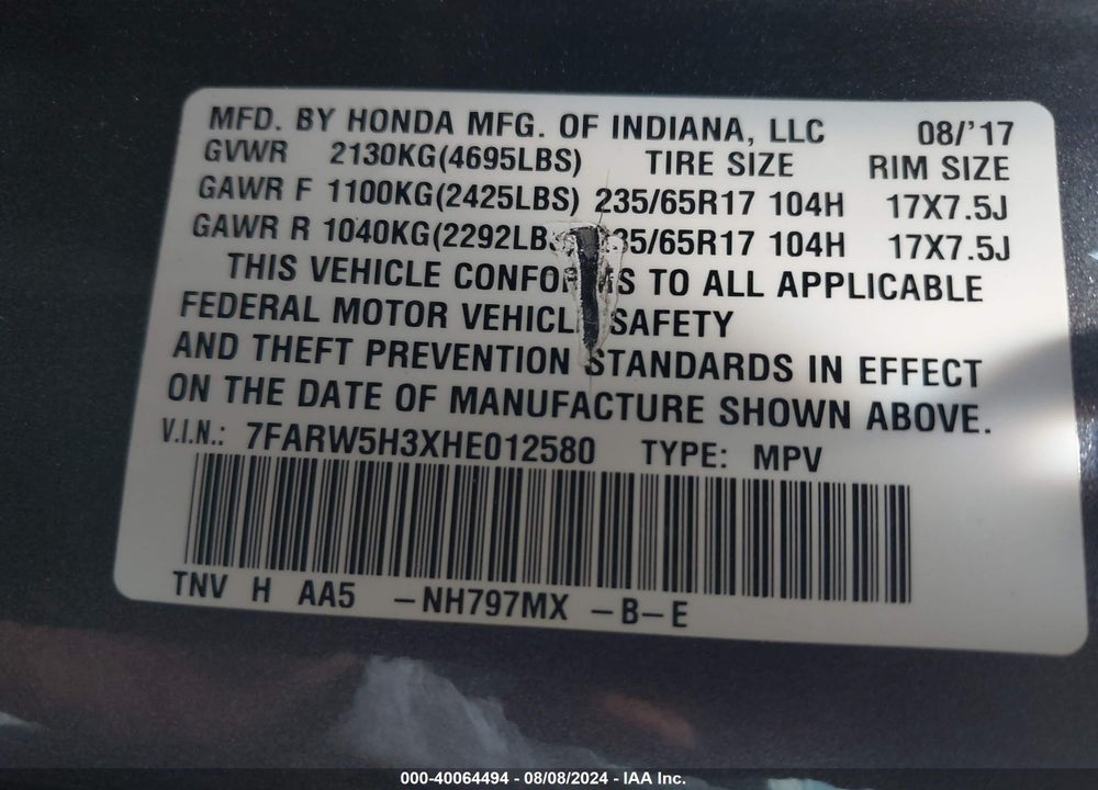 2017 HONDA CR-V LX VIN: 7FARW5H3XHE012580