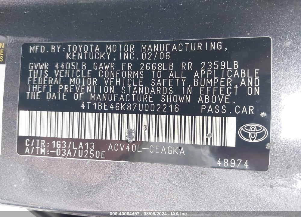 2007 TOYOTA CAMRY XLE VIN: 4T1BE46K87U002216