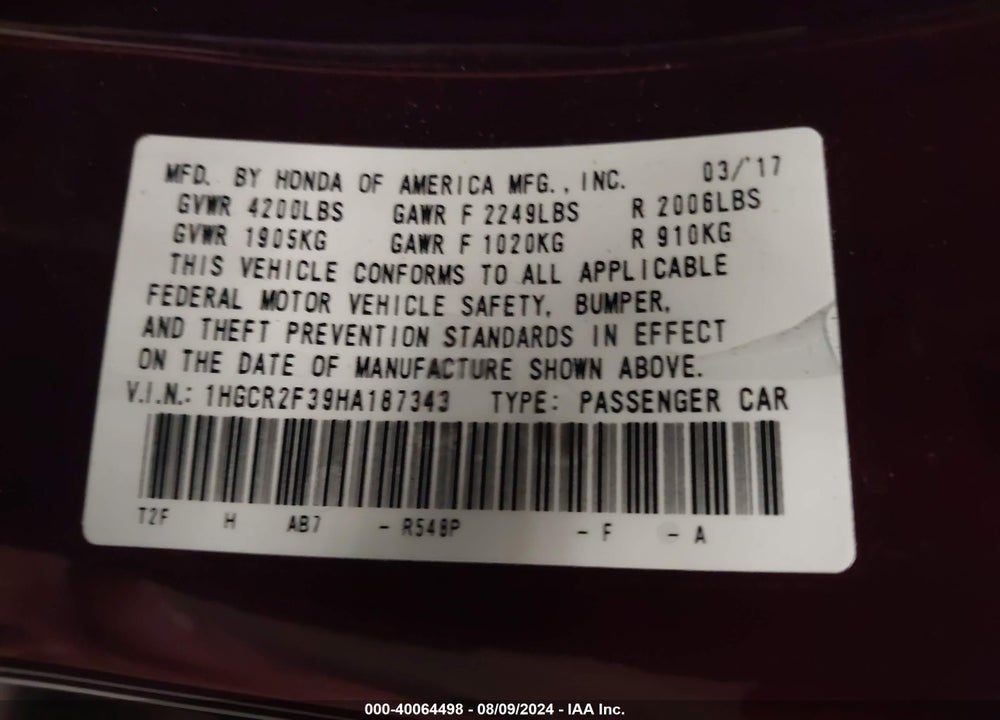 2017 HONDA ACCORD LX VIN: 1HGCR2F39HA187343