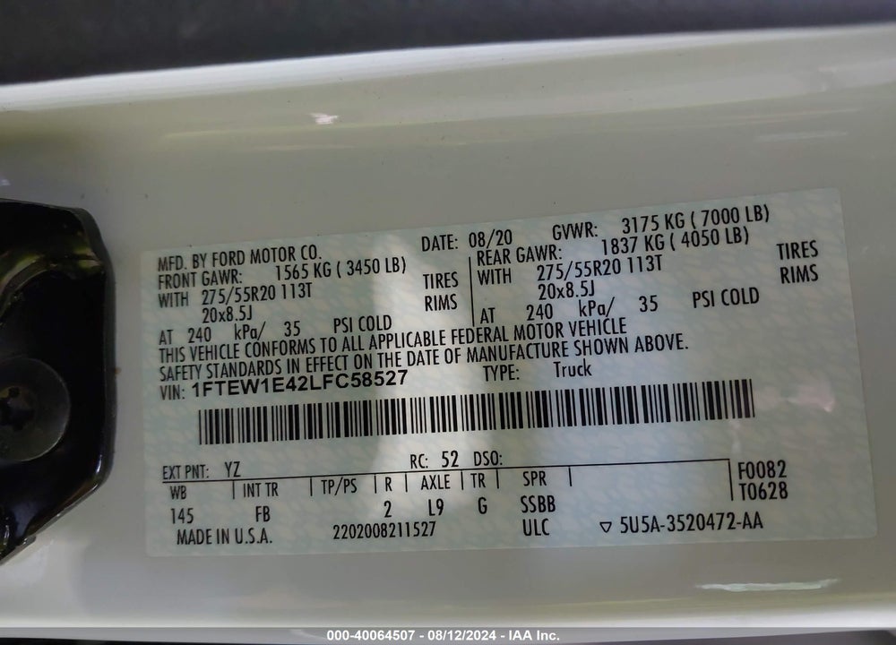 2020 FORD F-150 XLT VIN: 1FTEW1E42LFC58527