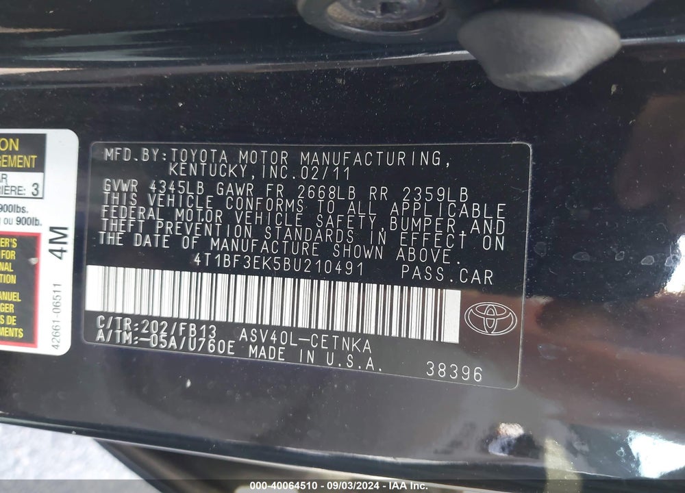 2011 TOYOTA CAMRY LE VIN: 4T1BF3EK5BU210491