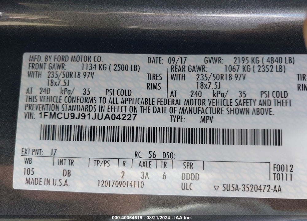 2018 FORD ESCAPE TITANIUM VIN: 1FMCU9J91JUA04227