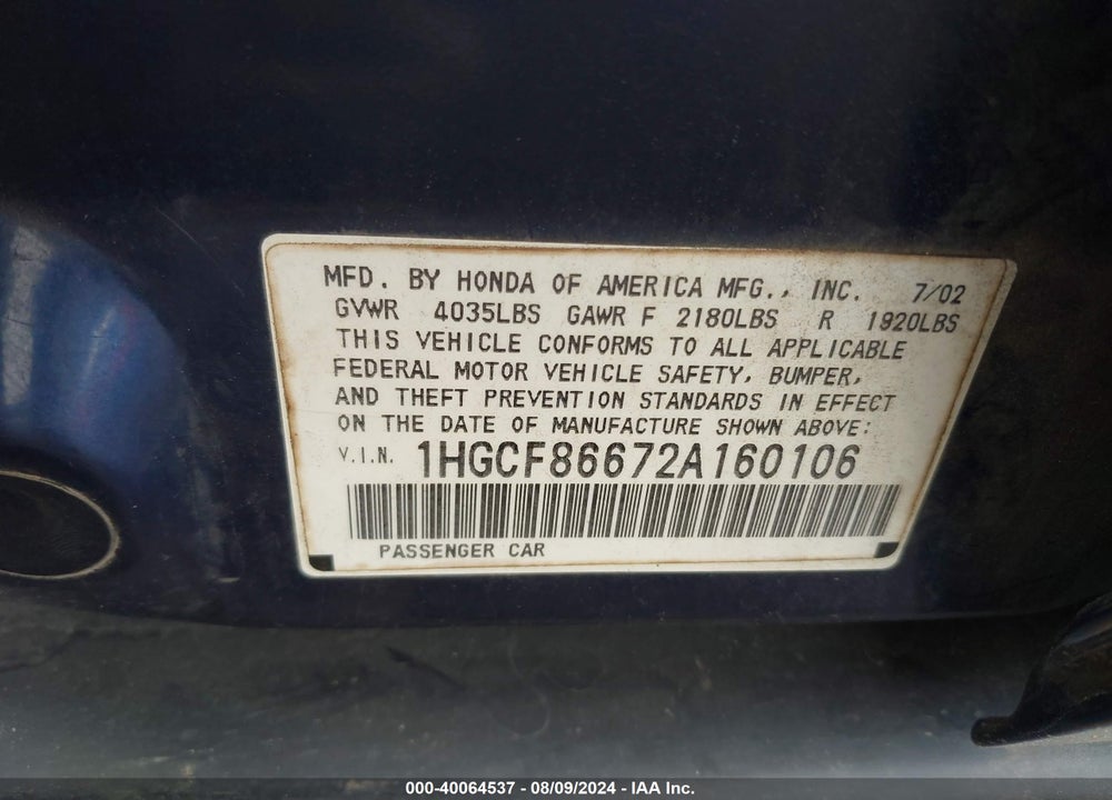 2002 HONDA ACCORD 2.3 VP VIN: 1HGCF86672A160106