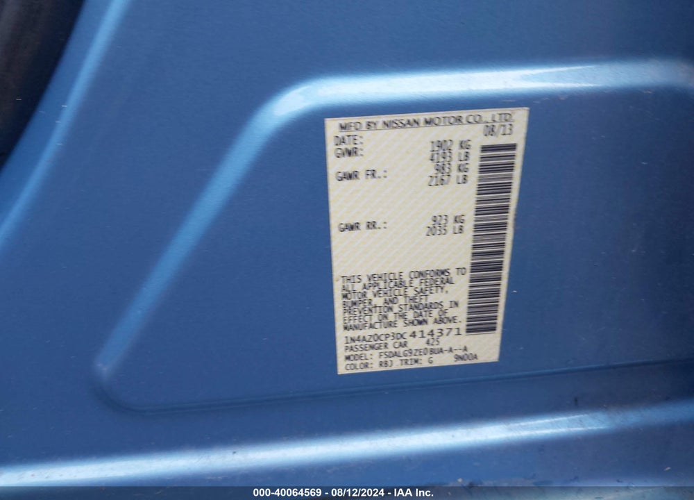 2013 NISSAN LEAF SL VIN: 1N4AZ0CP3DC414371