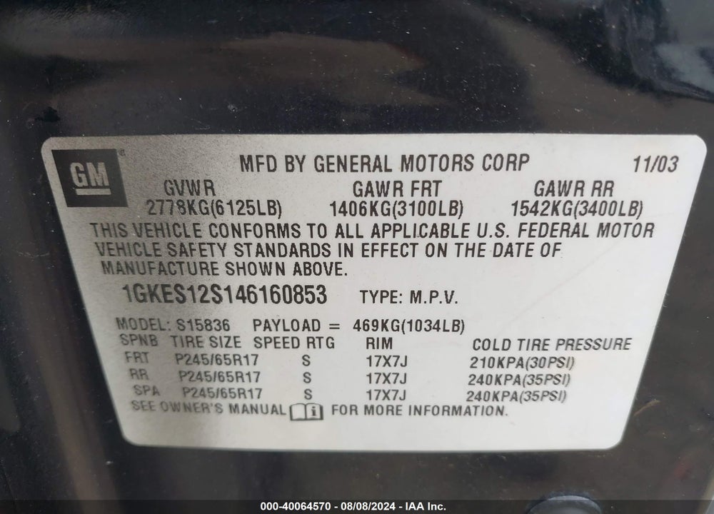 2004 GMC ENVOY XUV SLE/SLT VIN: 1GKES12S146160853