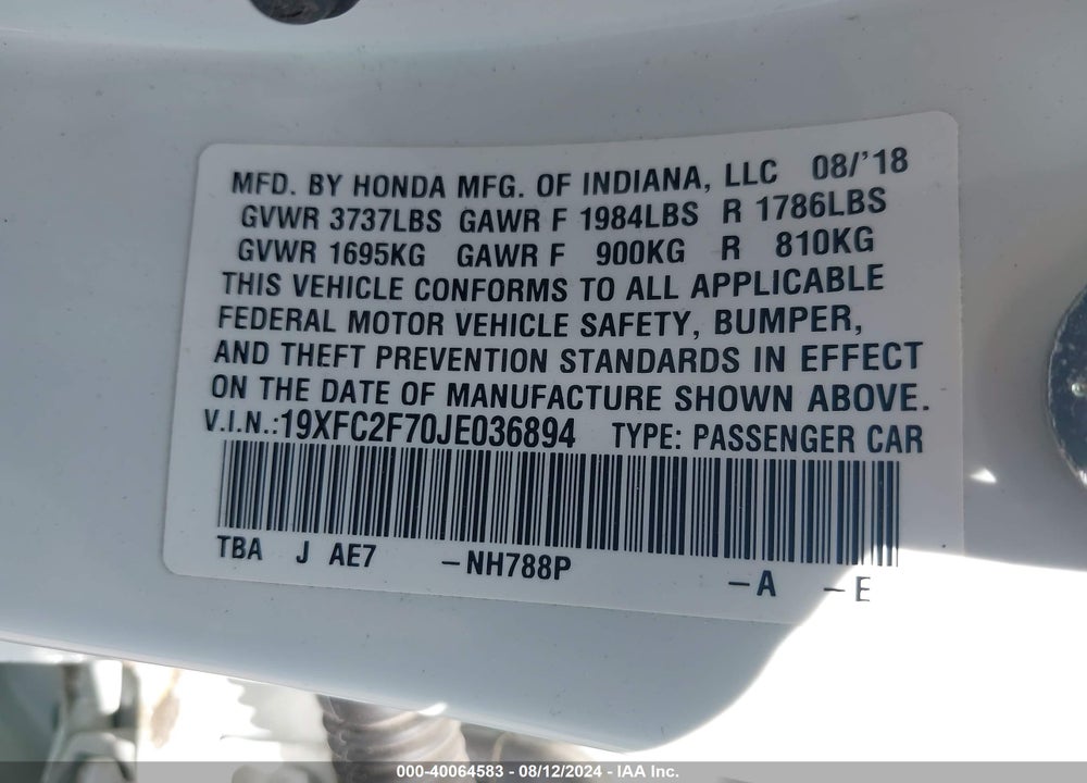 2018 HONDA CIVIC EX VIN: 19XFC2F70JE036894
