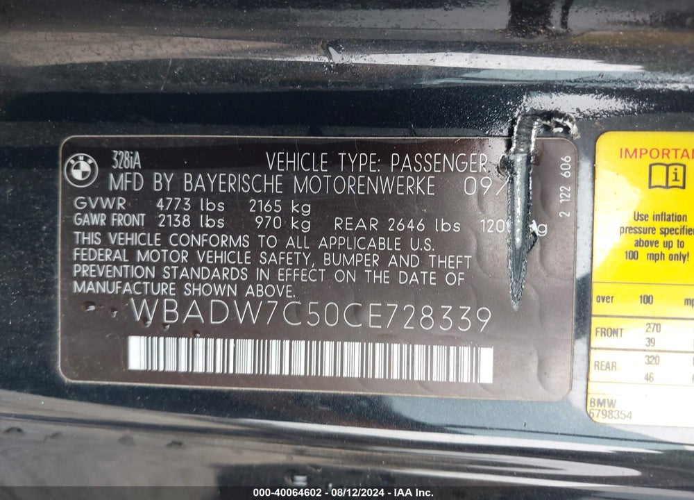 2012 BMW 328I VIN: WBADW7C50CE728339
