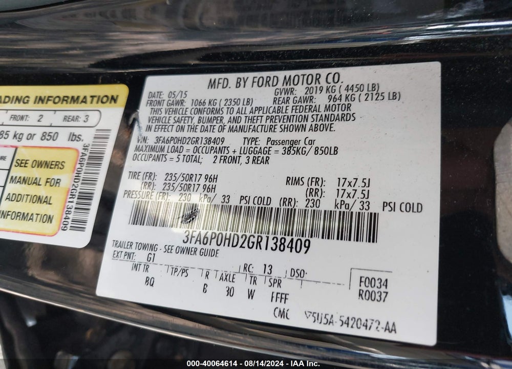 2016 FORD FUSION SE VIN: 3FA6P0HD2GR138409