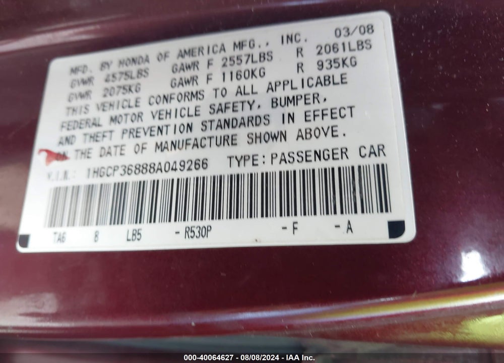 2008 HONDA ACCORD 3.5 EX-L VIN: 1HGCP36888A049266