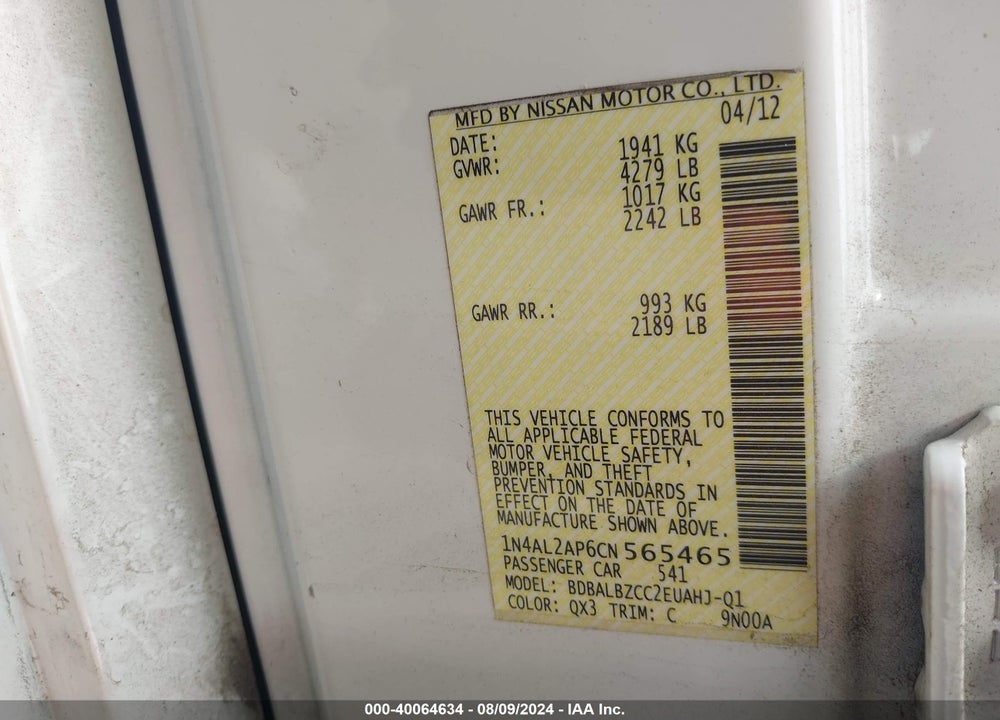 2012 NISSAN ALTIMA 2.5 S VIN: 1N4AL2AP6CN565465