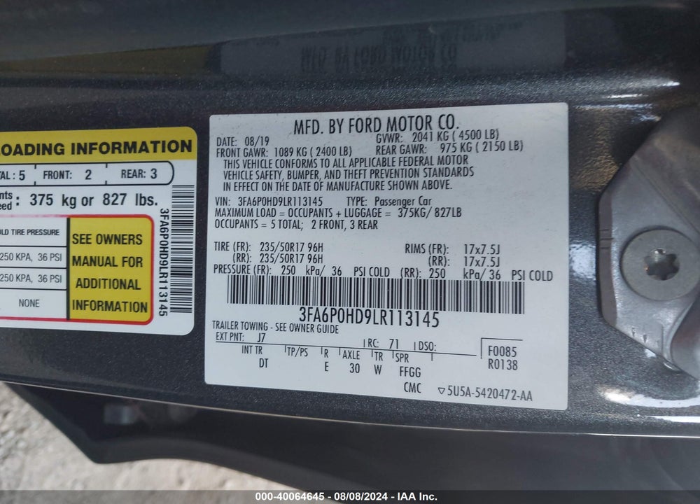 2020 FORD FUSION SE VIN: 3FA6P0HD9LR113145