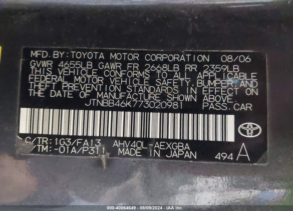 2007 TOYOTA CAMRY HYBRID VIN: JTNBB46K773020981