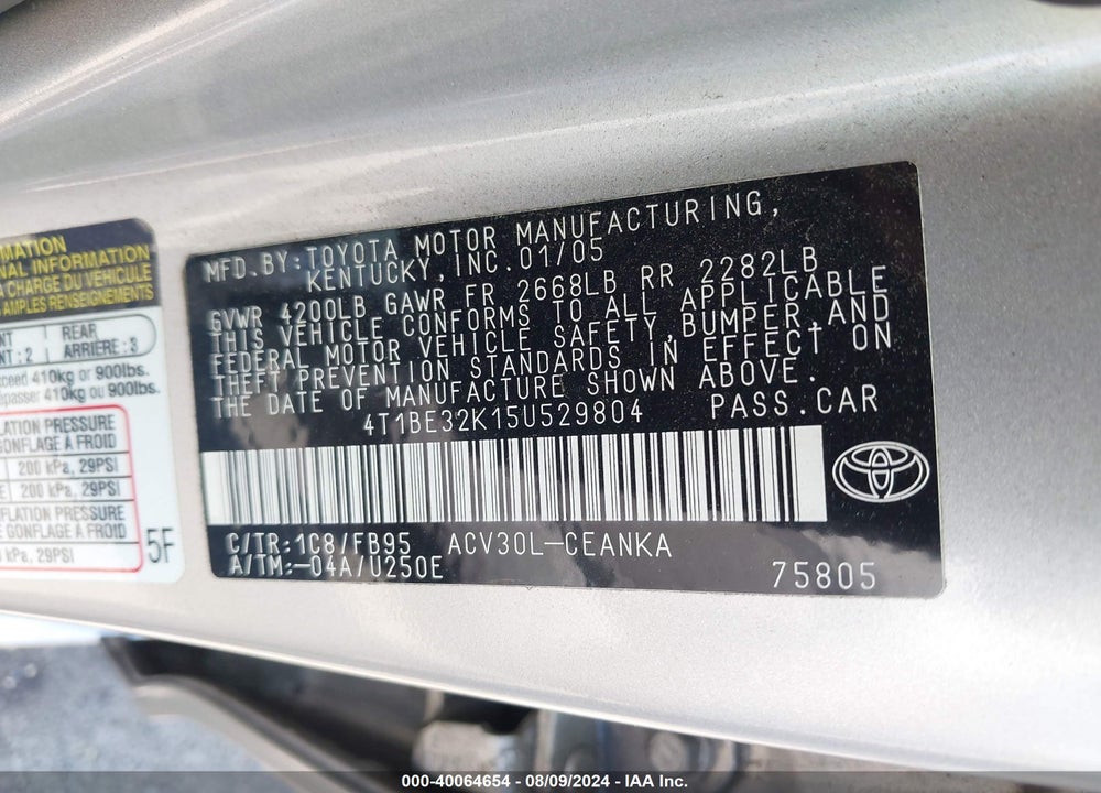 2005 TOYOTA CAMRY LE VIN: 4T1BE32K15U529804