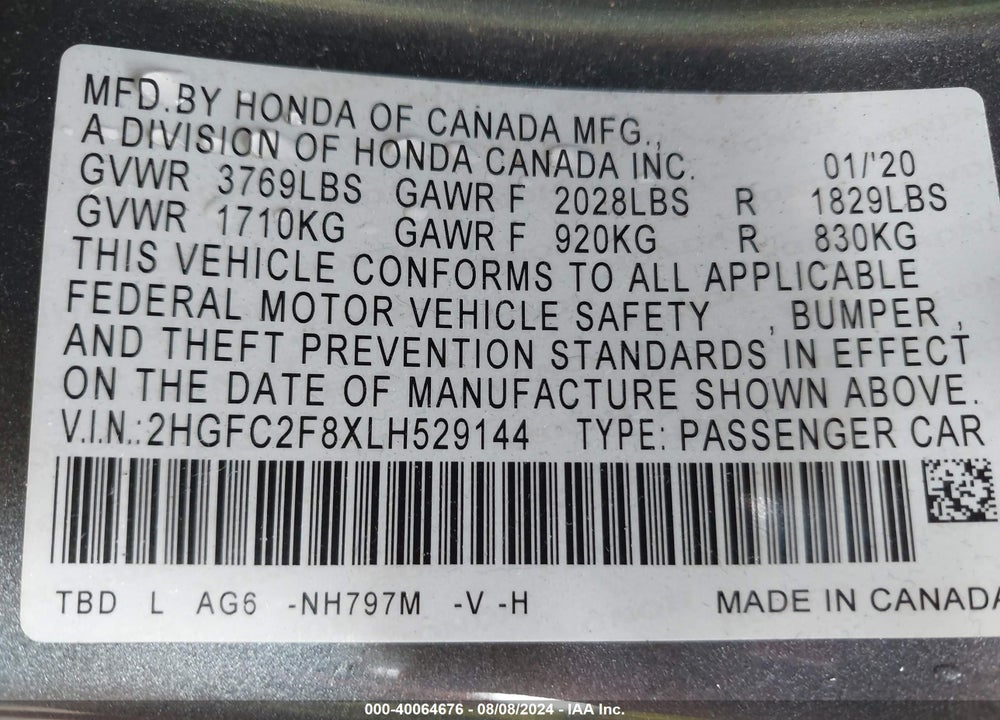 2020 HONDA CIVIC SPORT VIN: 2HGFC2F8XLH529144