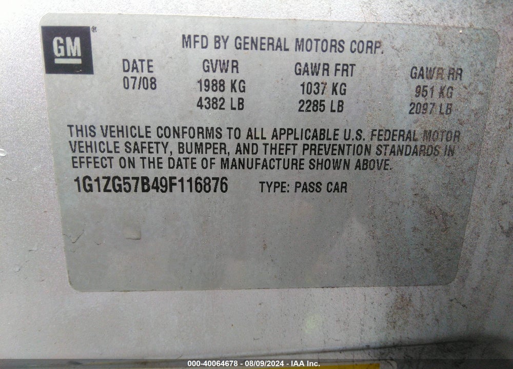 2009 CHEVROLET MALIBU LS VIN: 1G1ZG57B49F116876