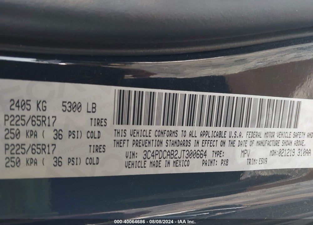 2018 DODGE JOURNEY SE VIN: 3C4PDCAB2JT300664