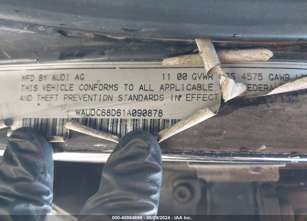 2001 AUDI A4 1.8 T VIN: WAUDC68D61A090878