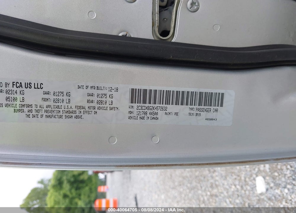 2019 DODGE CHARGER SXT RWD VIN: 2C3CDXBG2KH572632