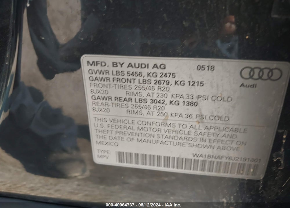 2018 AUDI Q5 PREMIUM PLUS VIN: WA1BNAFY6J2191601
