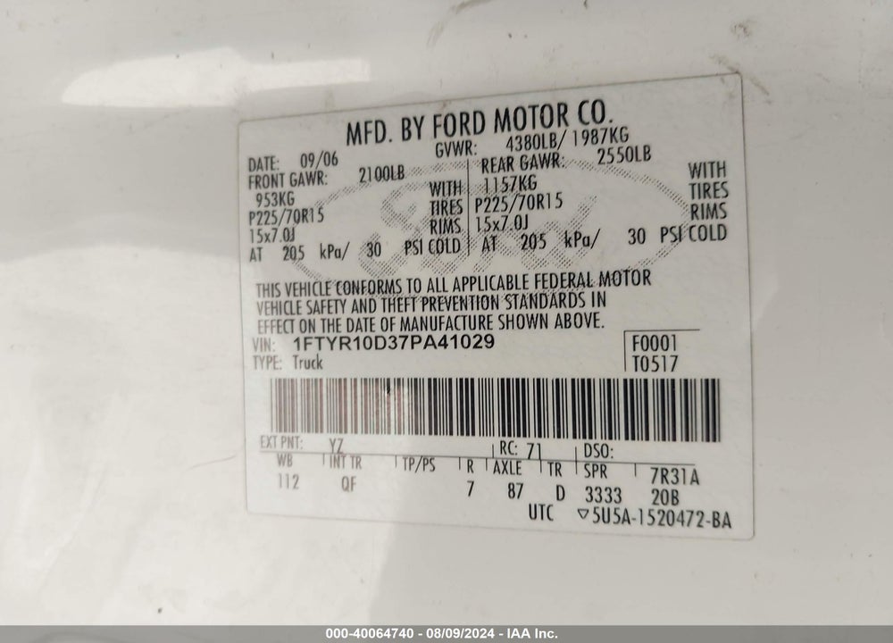 2007 FORD RANGER STX/XL/XLT VIN: 1FTYR10D37PA41029
