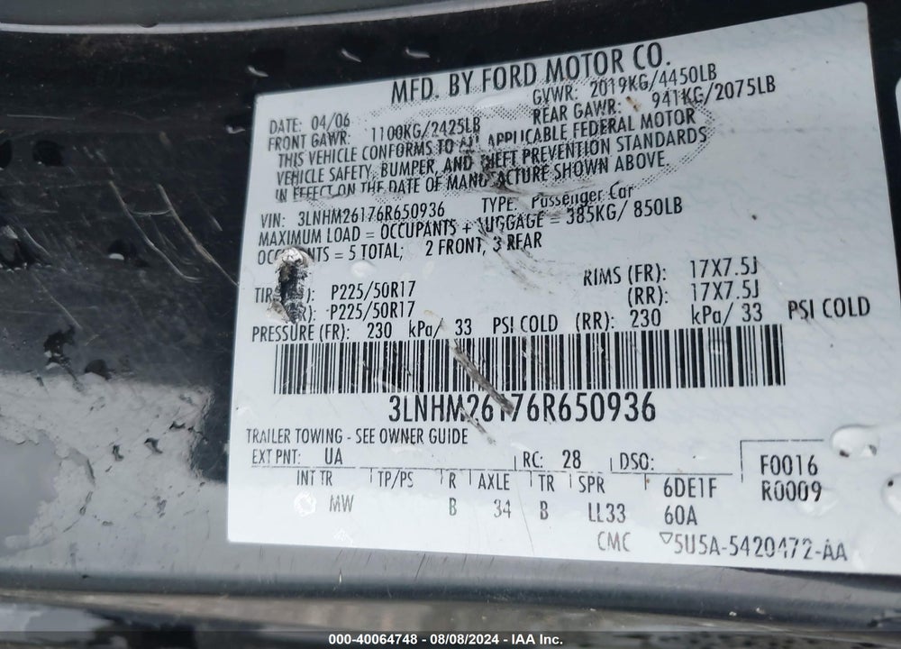 2006 LINCOLN ZEPHYR VIN: 3LNHM26176R650936
