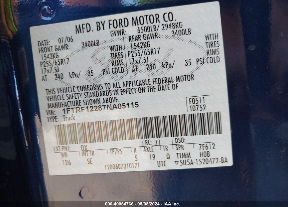 2007 FORD F-150 STX/XL/XLT VIN: 1FTRF12287NA05115