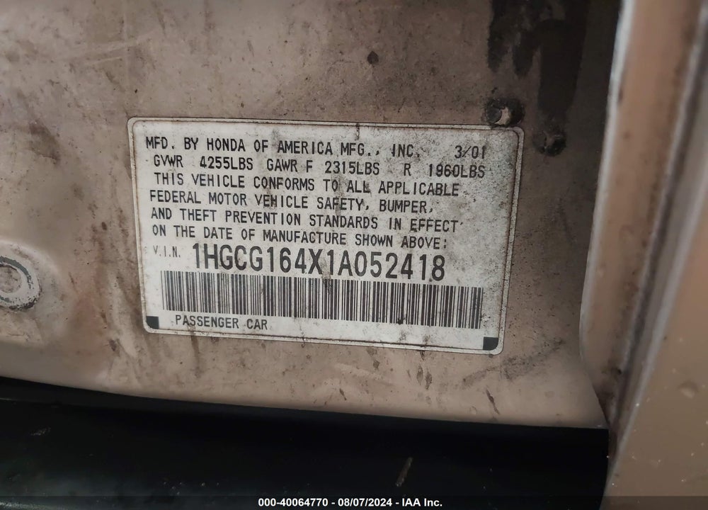 2001 HONDA ACCORD 3.0 LX VIN: 1HGCG164X1A052418