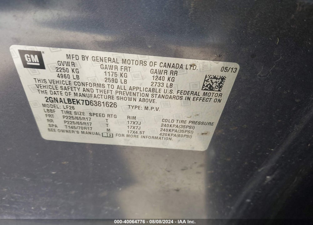 2013 CHEVROLET EQUINOX LS VIN: 2GNALBEK7D6381626