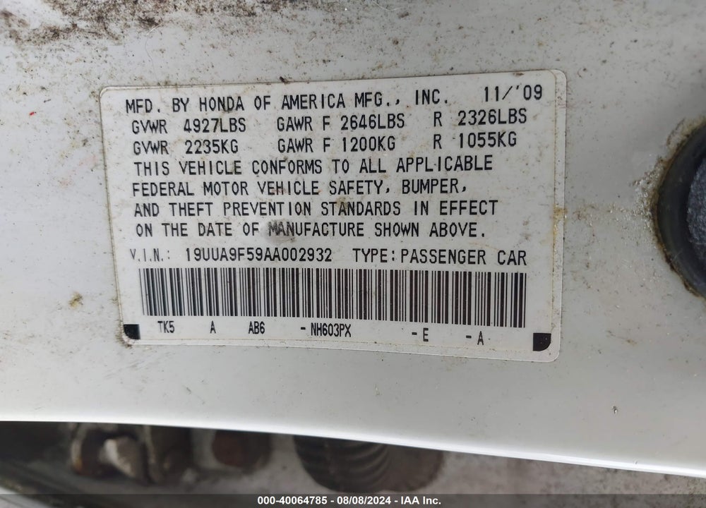 2010 ACURA TL 3.7 VIN: 19UUA9F59AA002932