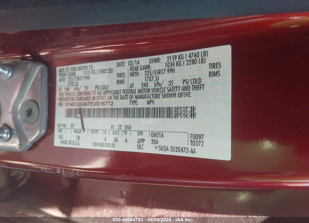 2014 FORD ESCAPE SE VIN: 1FMCU0G97EUD16772