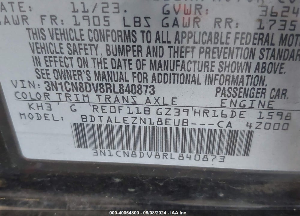 2024 NISSAN VERSA VIN: 3N1CN8DV8RL840873