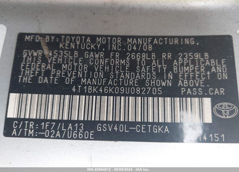 2009 TOYOTA CAMRY XLE V6 VIN: 4T1BK46K09U082705