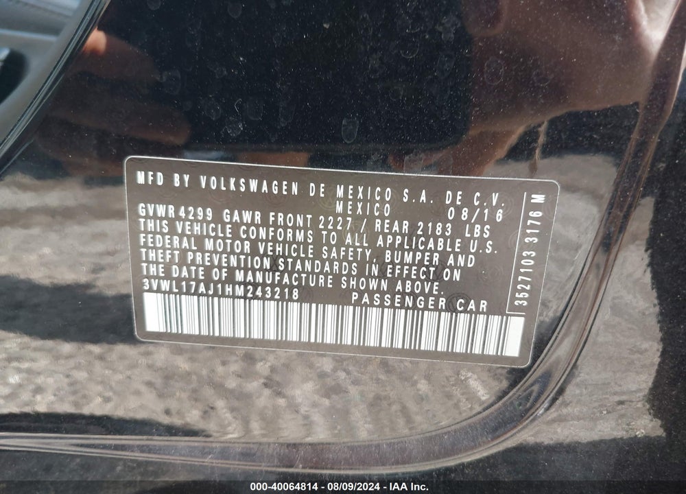 2017 VOLKSWAGEN JETTA 1.8T SEL VIN: 3VWL17AJ1HM243218
