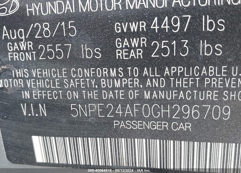 2016 HYUNDAI SONATA SE VIN: 5NPE24AF0GH296709