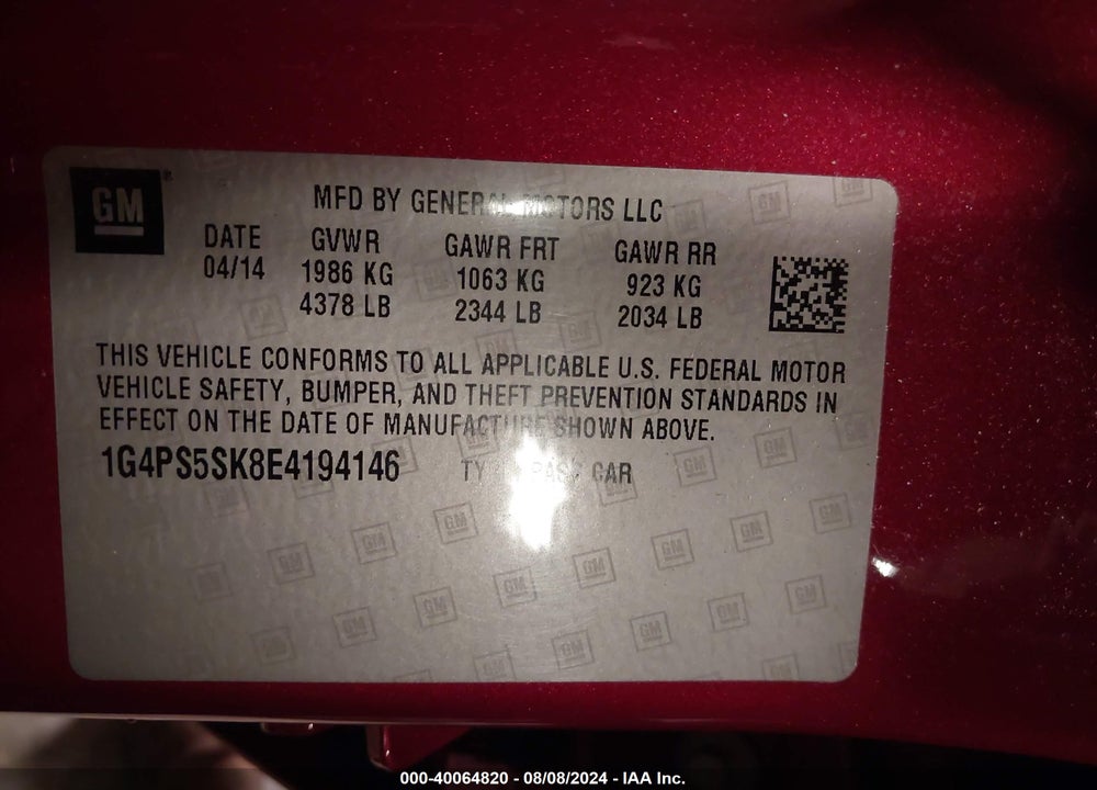 2014 BUICK VERANO LEATHER GROUP VIN: 1G4PS5SK8E4194146