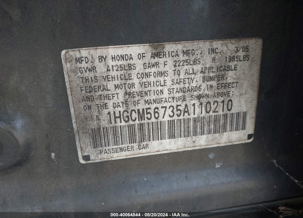 2005 HONDA ACCORD 2.4 EX VIN: 1HGCM56735A110210