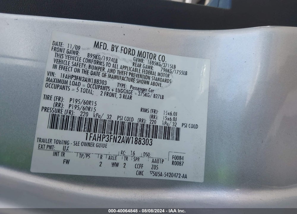 2010 FORD FOCUS SE VIN: 1FAHP3FN2AW188303