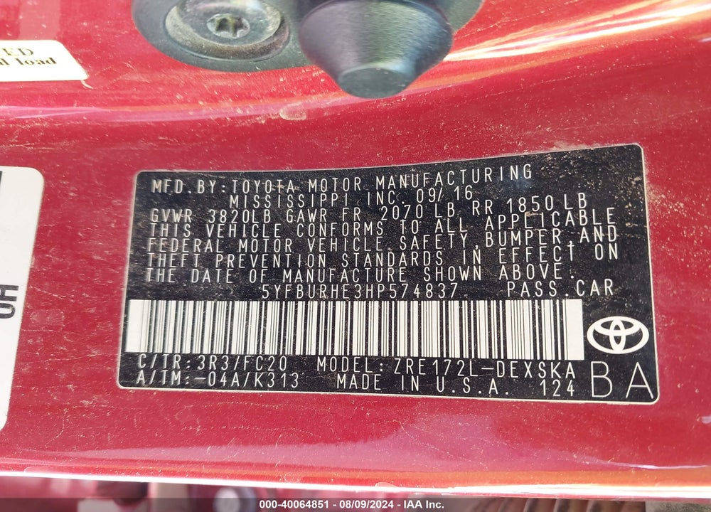 2017 TOYOTA COROLLA SE VIN: 5YFBURHE3HP574837