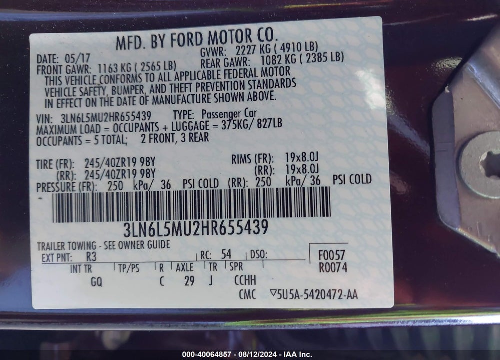 2017 LINCOLN MKZ HYBRID RESERVE VIN: 3LN6L5MU2HR655439