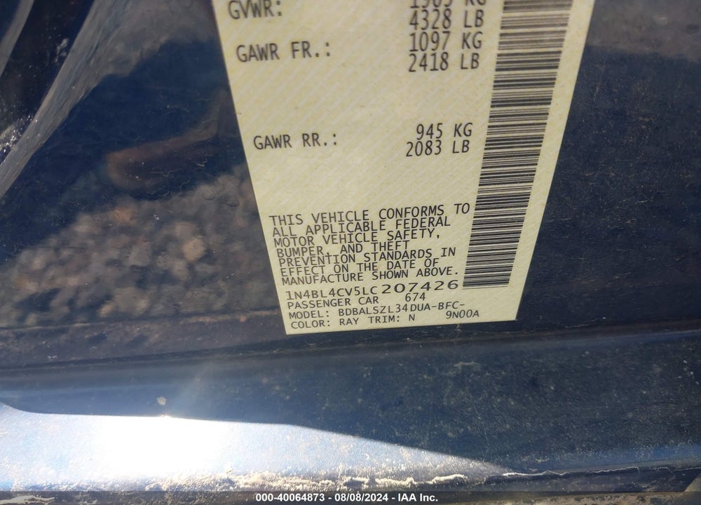 2020 NISSAN ALTIMA SR FWD VIN: 1N4BL4CV5LC207426