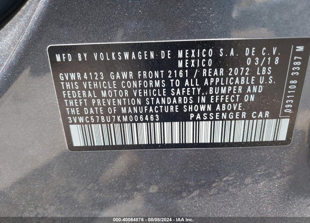 2019 VOLKSWAGEN JETTA 1.4T R-LINE/1.4T S/1.4T SE VIN: 3VWC57BU7KM006463