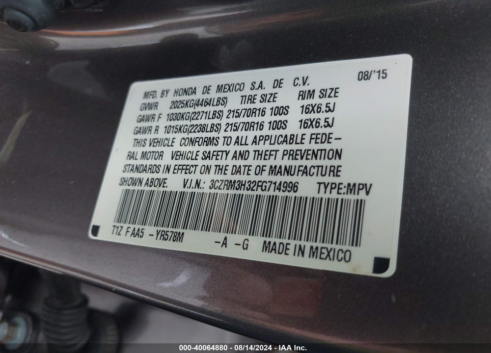 2015 HONDA CR-V LX VIN: 3CZRM3H32FG714996