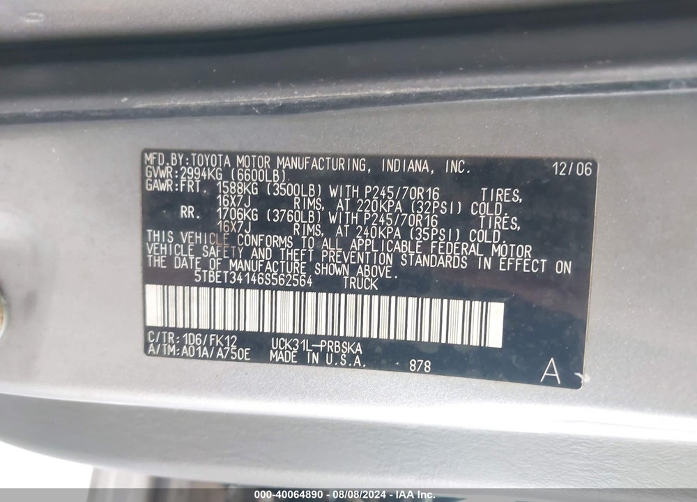 2006 TOYOTA TUNDRA SR5 V8 VIN: 5TBET34146S562564